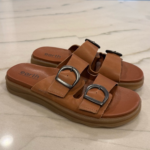 Earth Shoes - Earth Lory Slide Sandals Size 8 Brown Leather Buckles